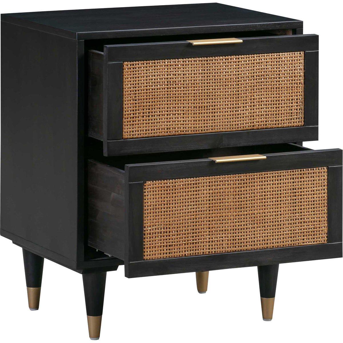 Two open soft-close drawers combine practical bedside storage with natural cane fronts and a black frame