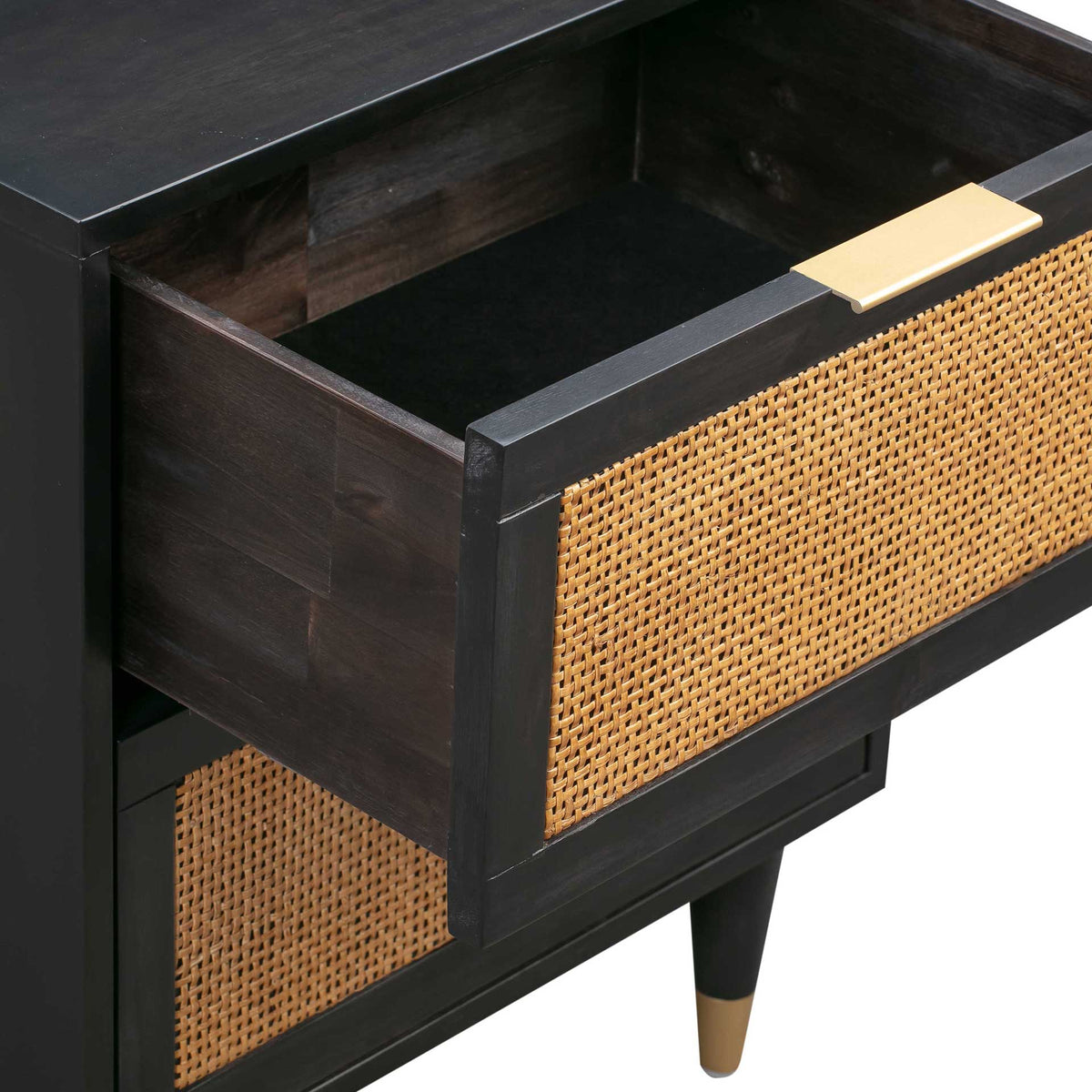A spacious drawer features a dark wood interior, woven cane front, and flat brass-tone pull
