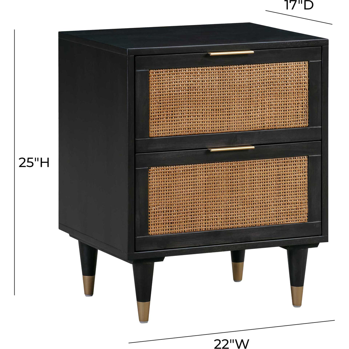 A compact black nightstand measures 22 inches wide and 25 inches tall, with two textured cane-front drawers