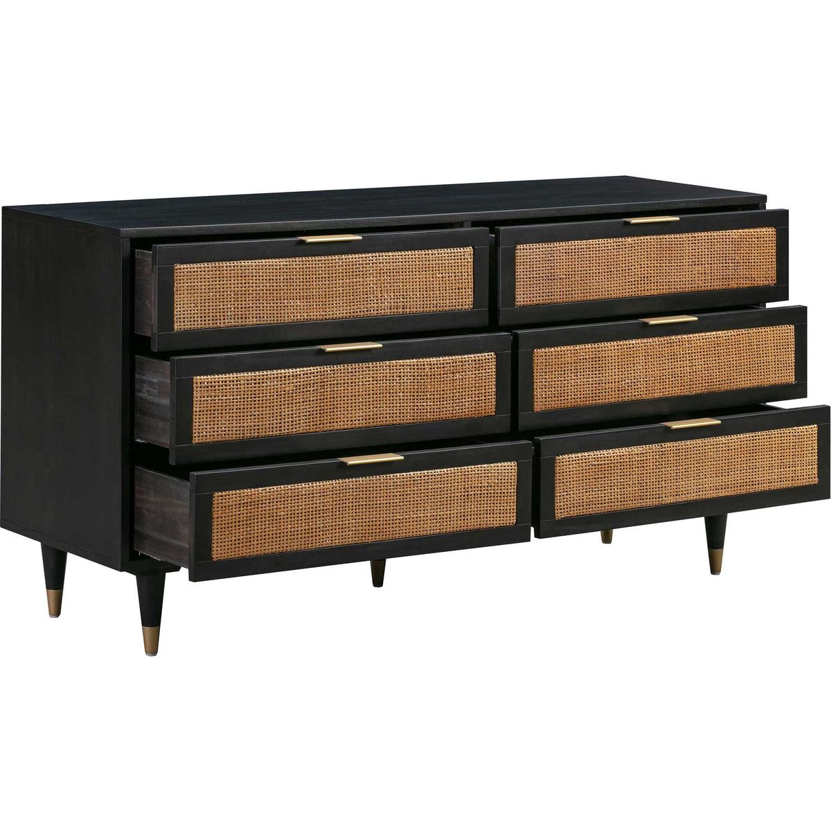 Six open drawers offer generous storage behind natural cane panels and a bold black frame.