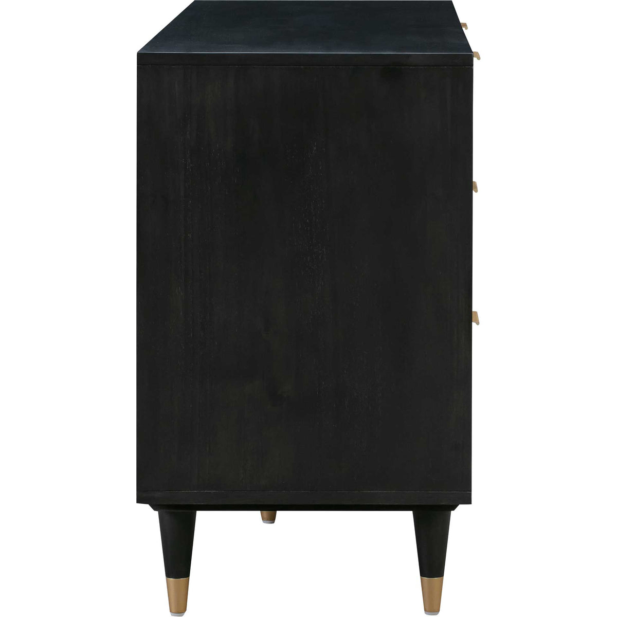 A smooth black side panel and tapered legs with brass-tone caps create a clean, tailored profile.