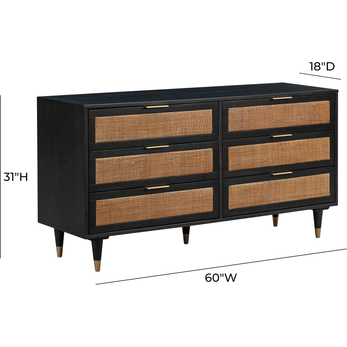 A black cane-front dresser measures 60 inches wide, 18 inches deep, and 31 inches high.