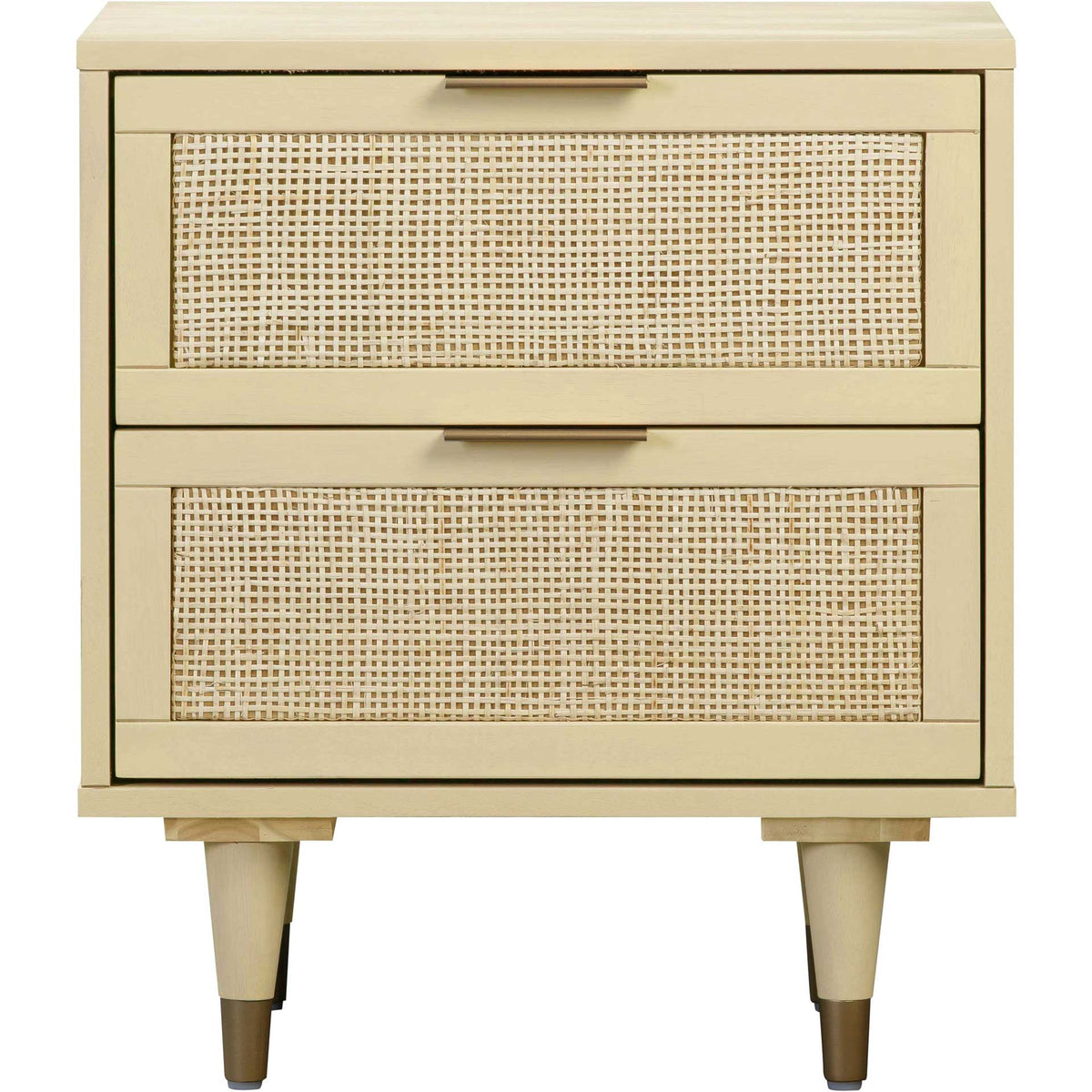 Two cane-front drawers and a soft cream finish bring light, natural texture to bedside storage || TOV-B44111 || front_studio