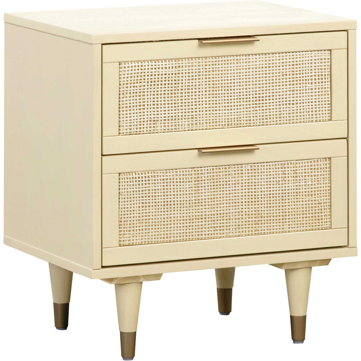 Cream nightstand pairs airy woven cane fronts with slim brass-tone pulls and tapered, metal-capped legs || TOV-B44111 || front_angle_studio