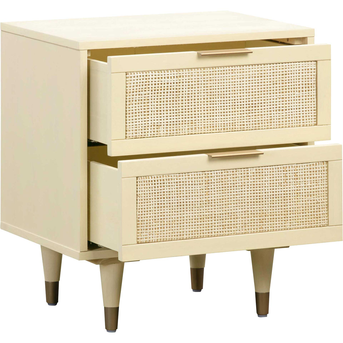 Two open drawers offer generous storage in a cream nightstand with woven cane panels and brass-tone pulls