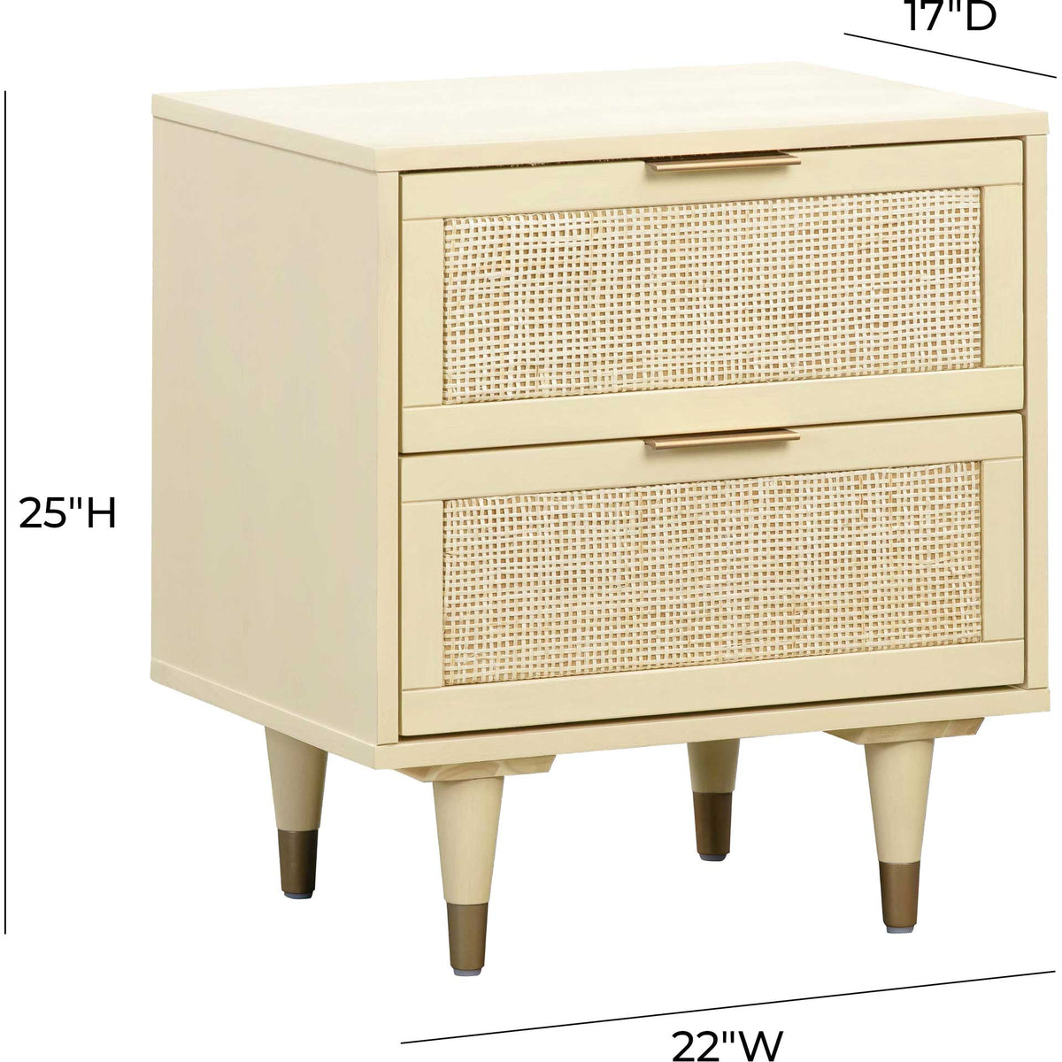 This cream nightstand stands 25 inches tall and 22 inches wide, combining compact size with two storage drawers