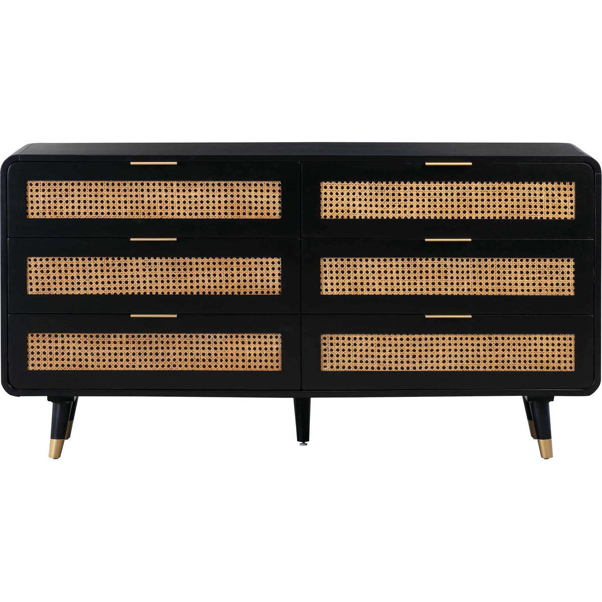 Six cane-front drawers bring airy texture to a black dresser accented with slim gold-tone pulls || TOV-B44133 || front_studio