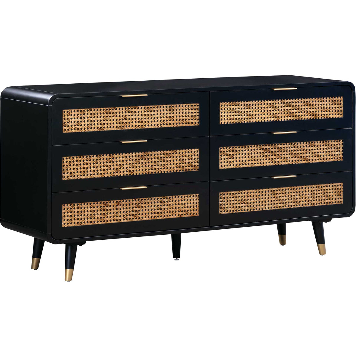 A black acacia dresser pairs natural cane panels with rounded edges and brass-tipped tapered legs || TOV-B44133 || front_angle_studio