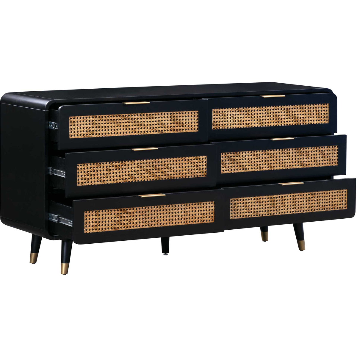 Six open drawers offer generous storage behind woven cane fronts with slim gold-tone pulls