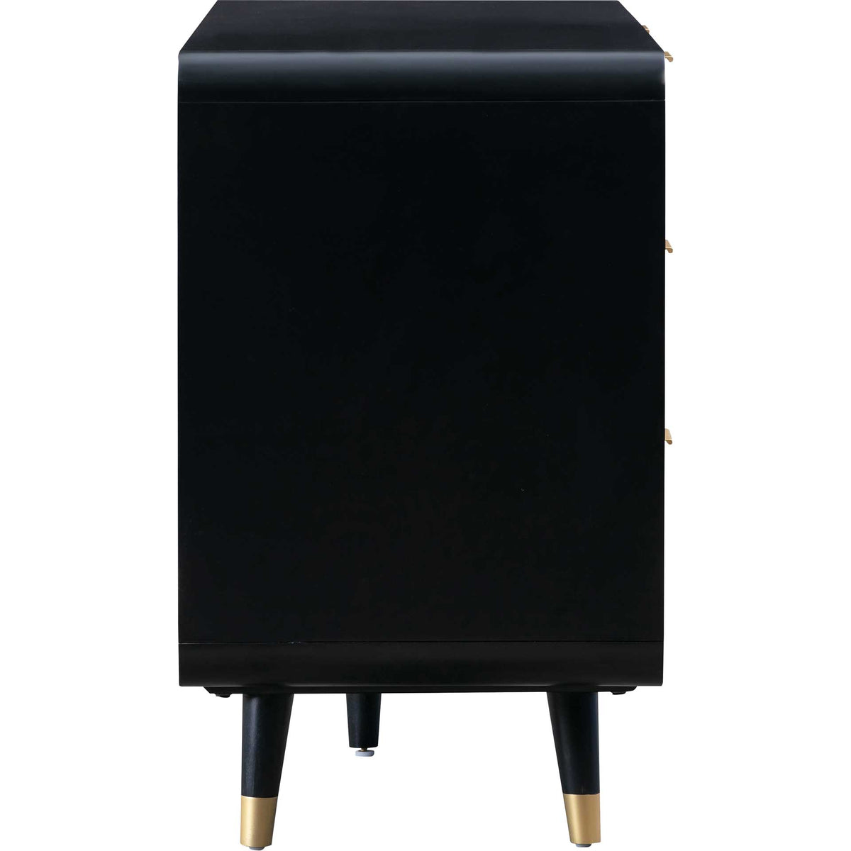 A smooth black side panel and brass-tipped legs give the dresser a clean, streamlined silhouette