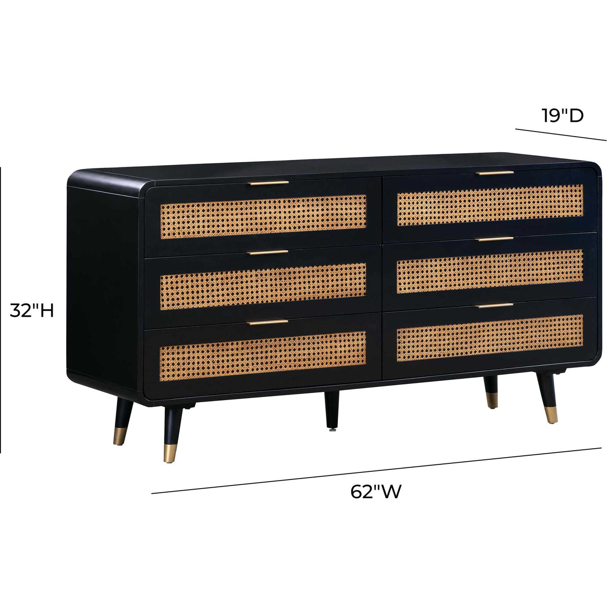 A black cane-front dresser measures 62 inches wide, 19 inches deep, and 32 inches high
