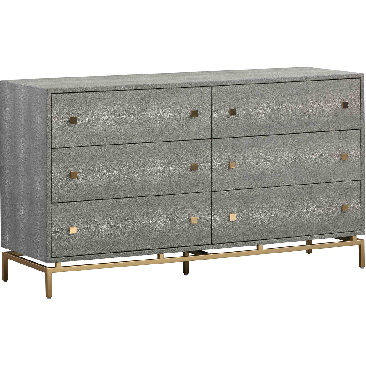 Gray shagreen dresser with six drawers, square brass-tone knobs, and an airy brass-finished base || TOV-B44147 || front_angle_studio