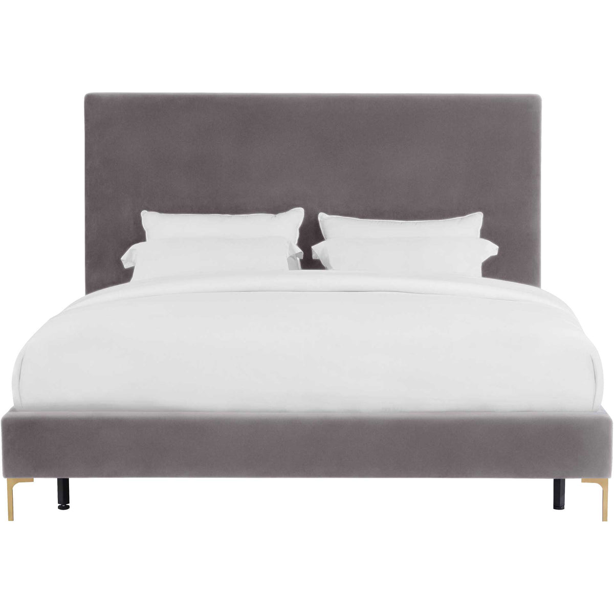 A tall rectangular headboard and low gray velvet frame create a plush, streamlined retreat. || TOV-B6267 || front_studio