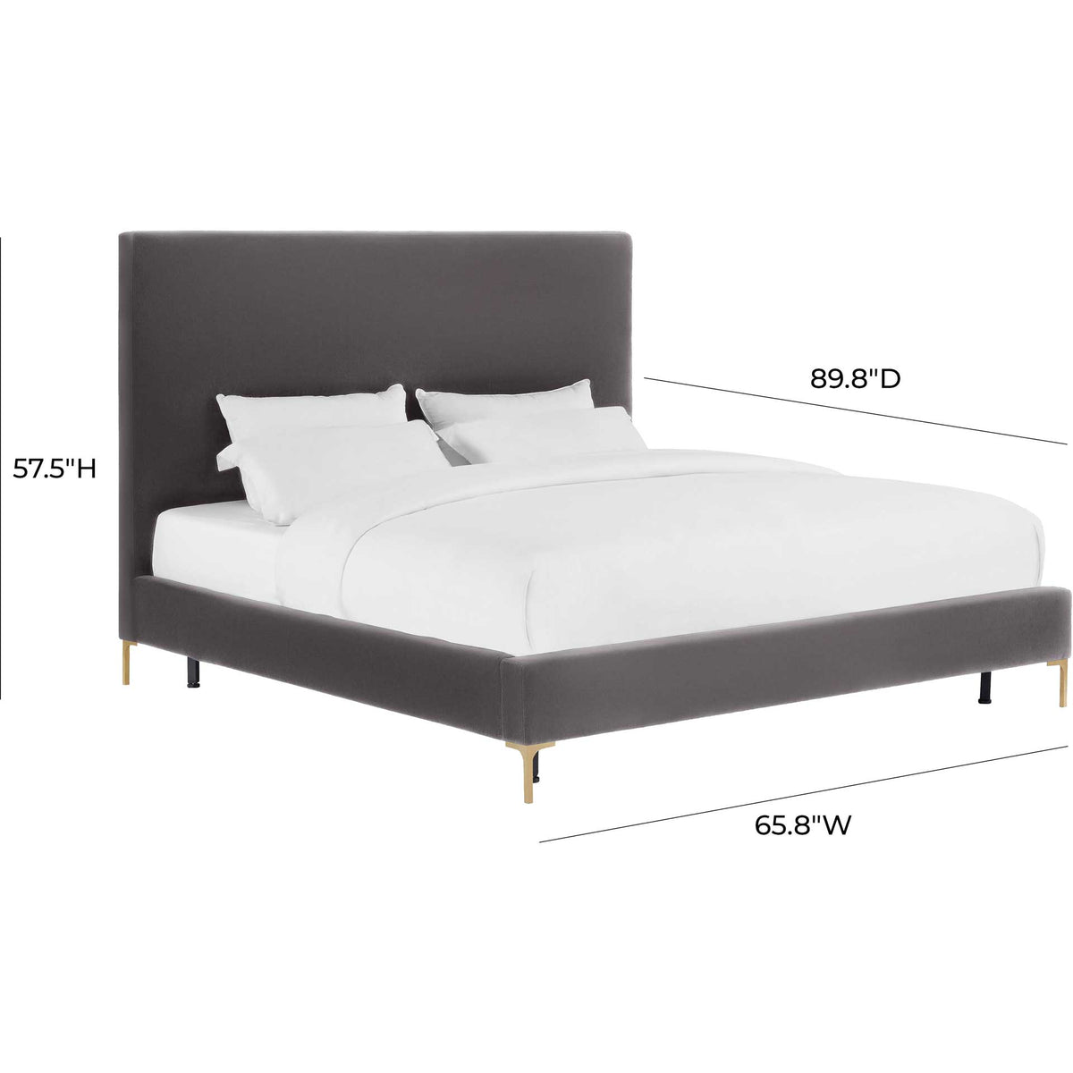 A queen-size gray velvet bed pairs a tall padded headboard with a low frame and elegant gold legs.