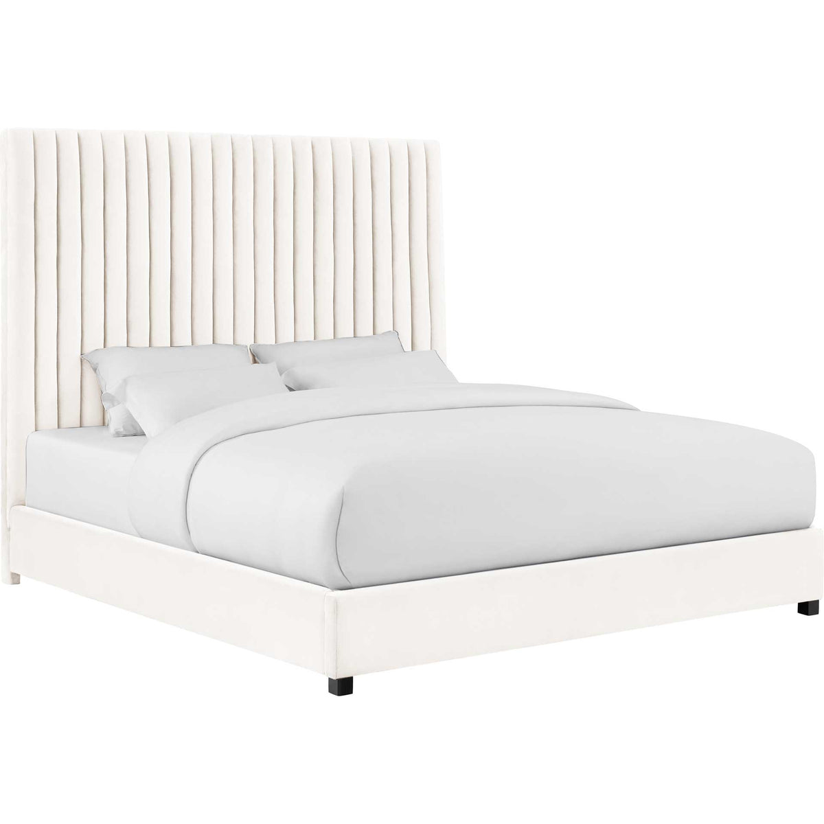 White velvet bed with a tall channel-tufted headboard, matching upholstered rails, and discreet black feet || TOV-B68250 || front_angle_studio