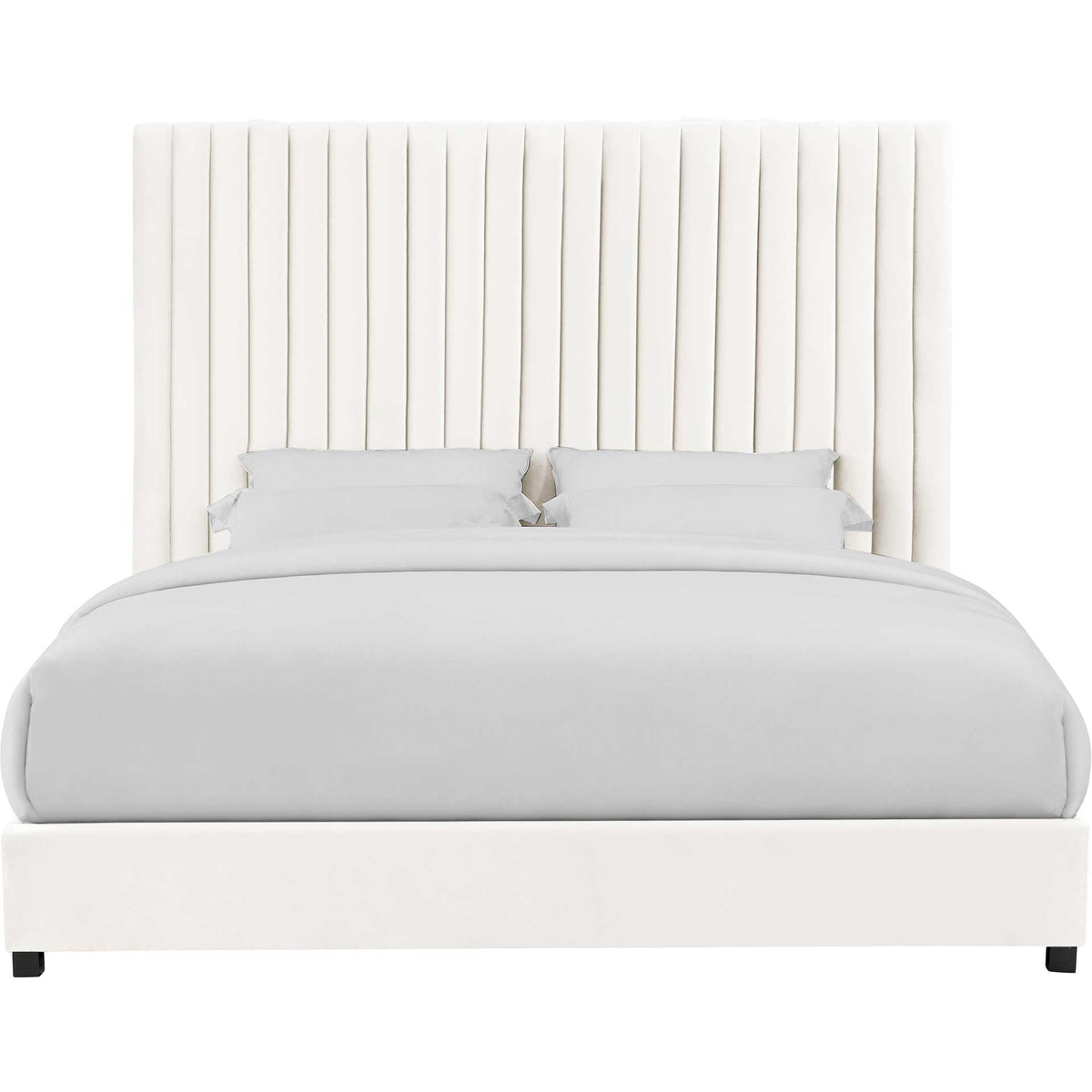 A broad white velvet headboard with vertical channels rises above a simple, low-profile footboard || TOV-B68250 || front_studio