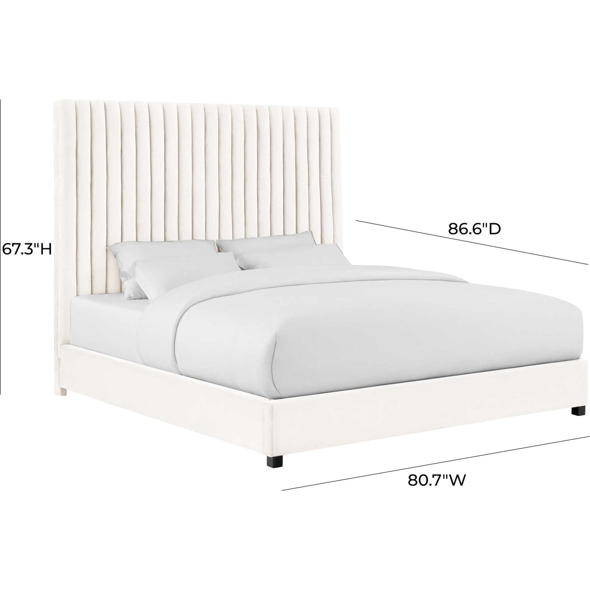 An oversized channel-tufted headboard and low upholstered base give this white velvet bed a tailored look