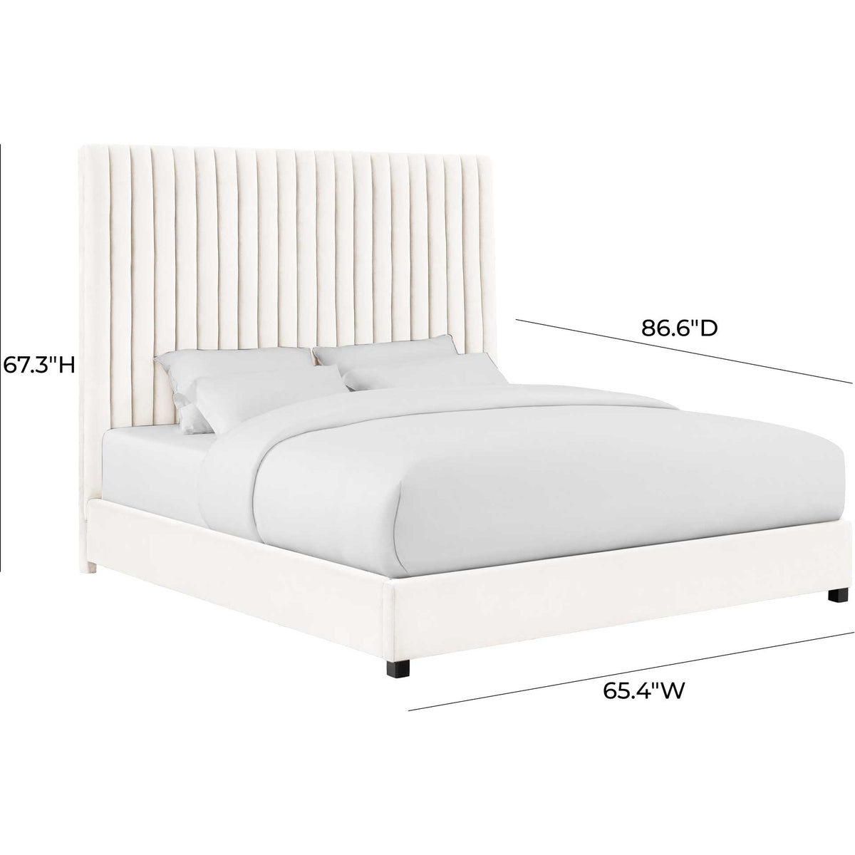 White velvet upholstery wraps a clean-lined bed with a statement-making, channel-tufted headboard