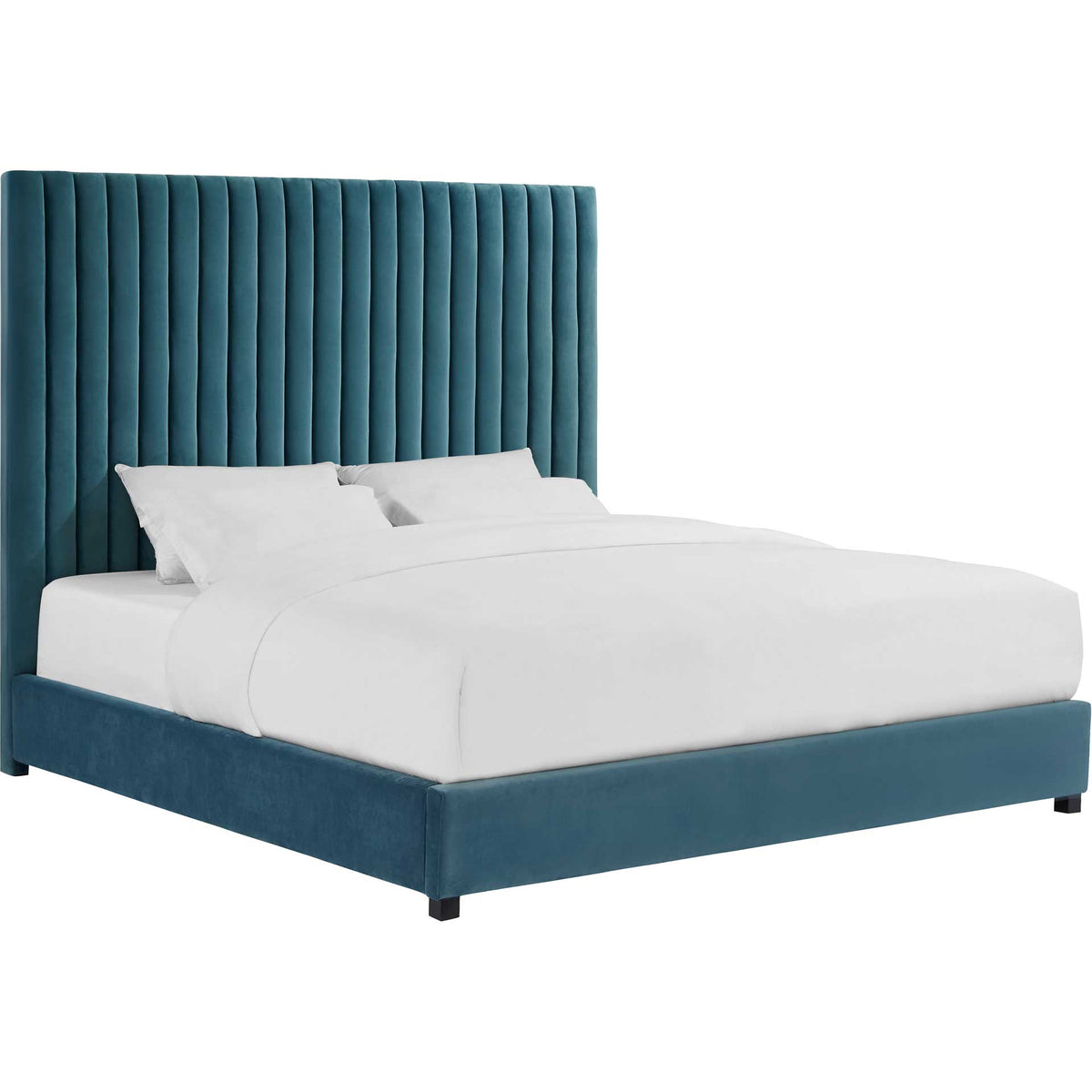 Sea blue velvet bed combines a tall channel-tufted headboard with a low upholstered frame || TOV-B91 || front_angle_studio