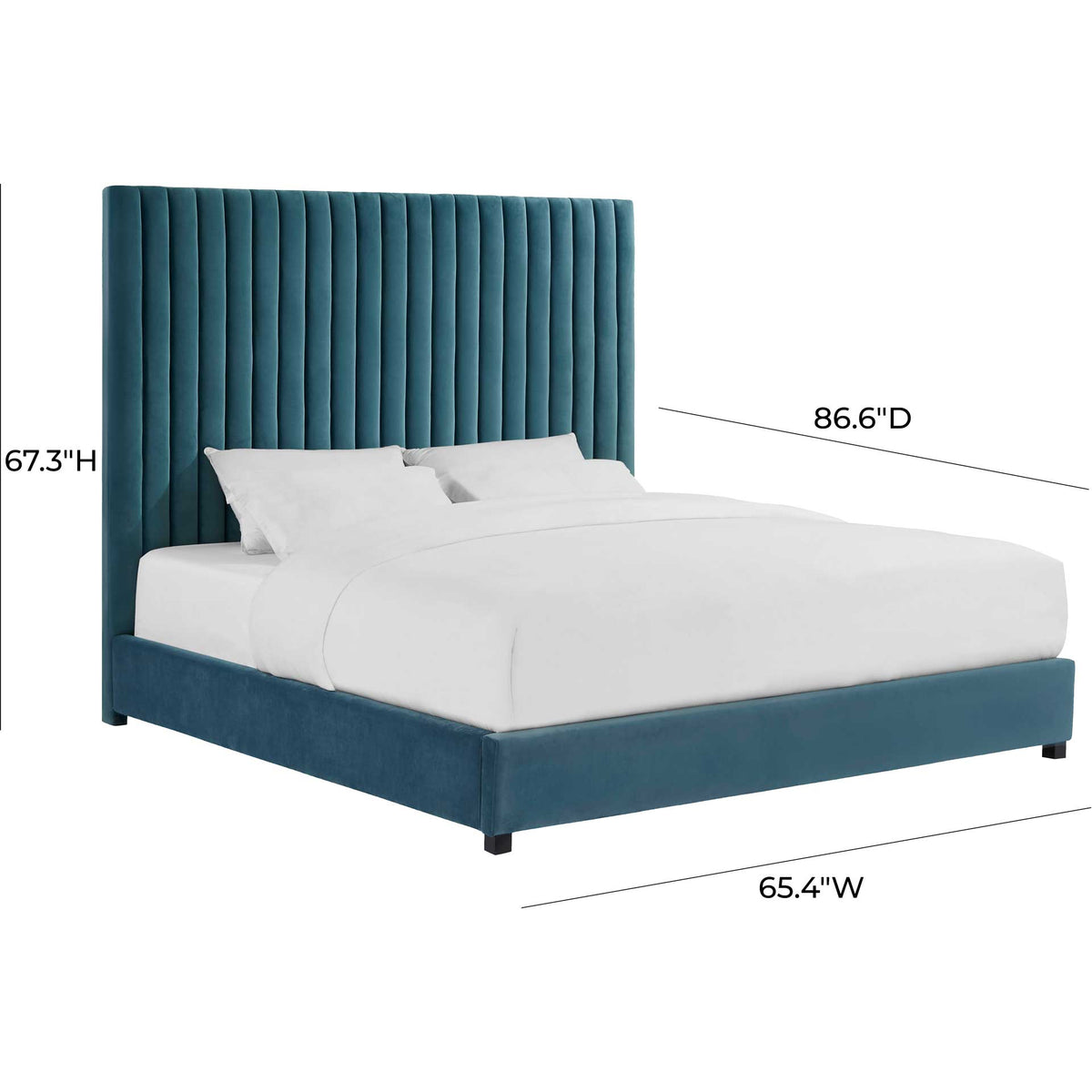 Sea blue velvet upholstery and a towering channel-tufted headboard bring vibrant elegance to the bedroom