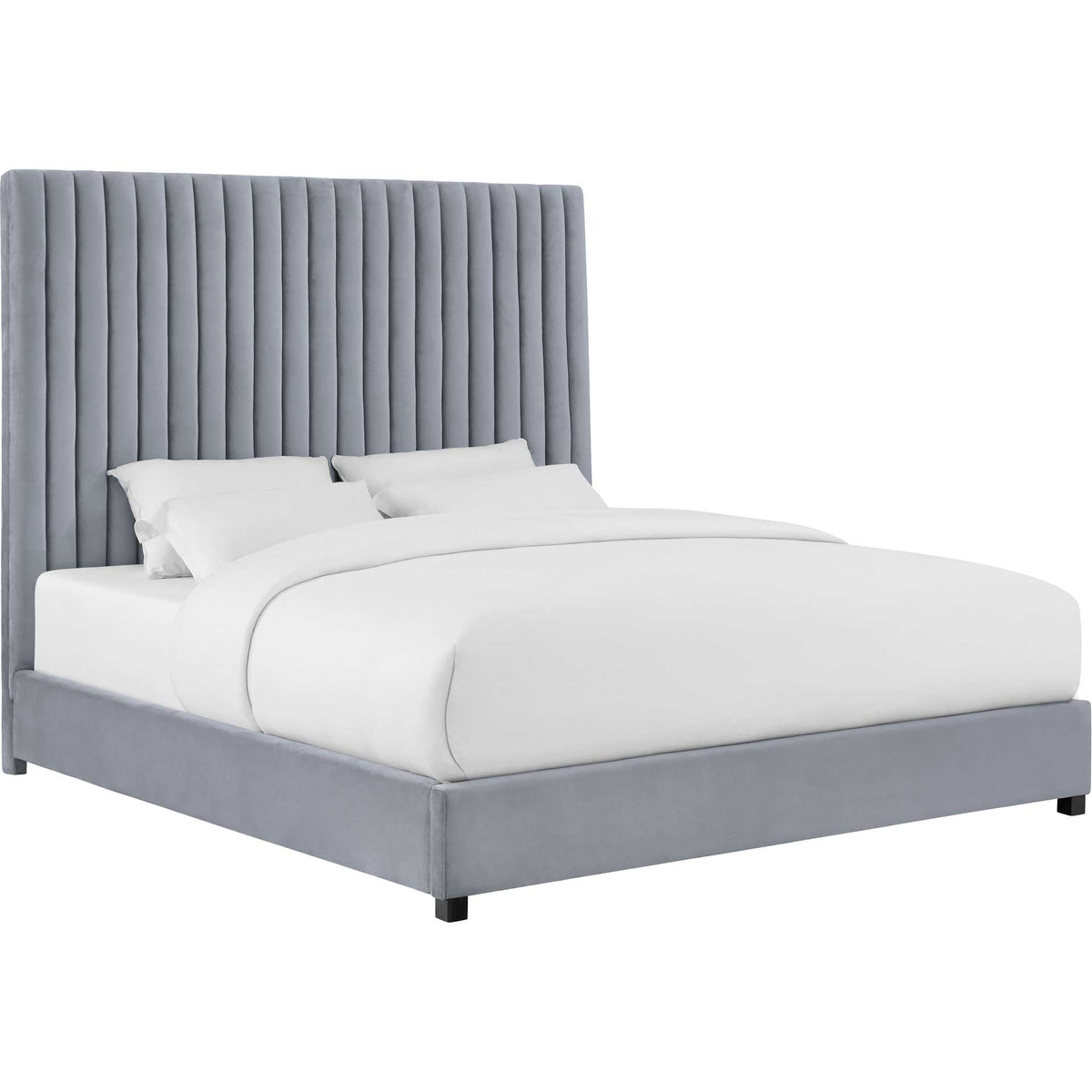 Gray velvet bed with a towering channel-tufted headboard and a sleek, low-profile upholstered base || TOV-B96 || front_angle_studio