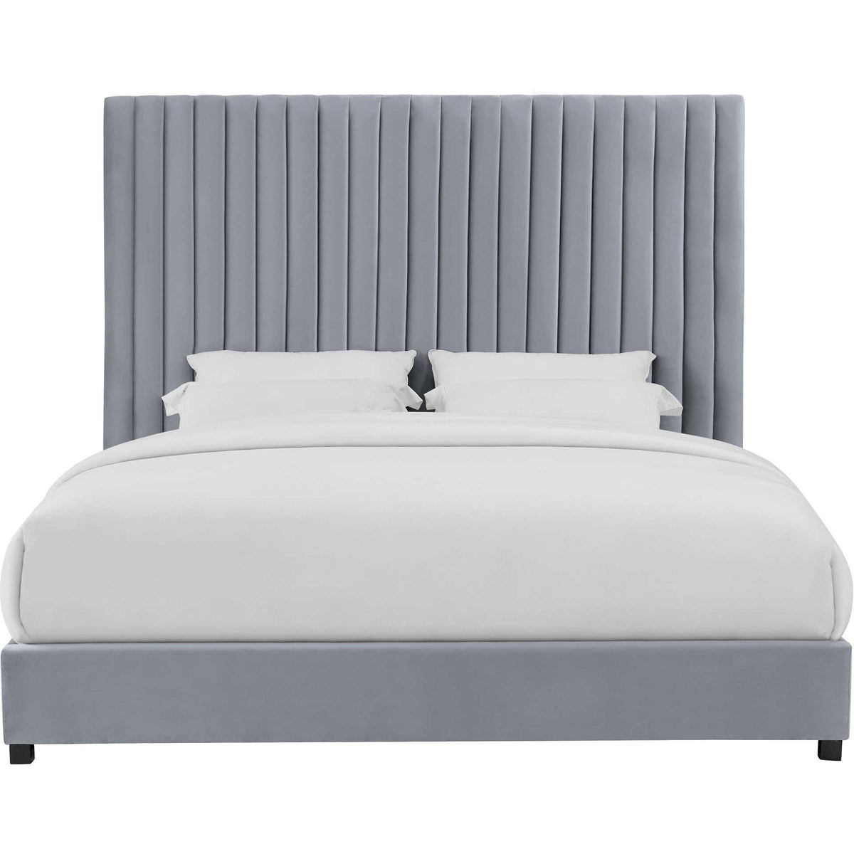 Vertical gray velvet channels rise above a streamlined footboard with understated black feet || TOV-B96 || front_studio