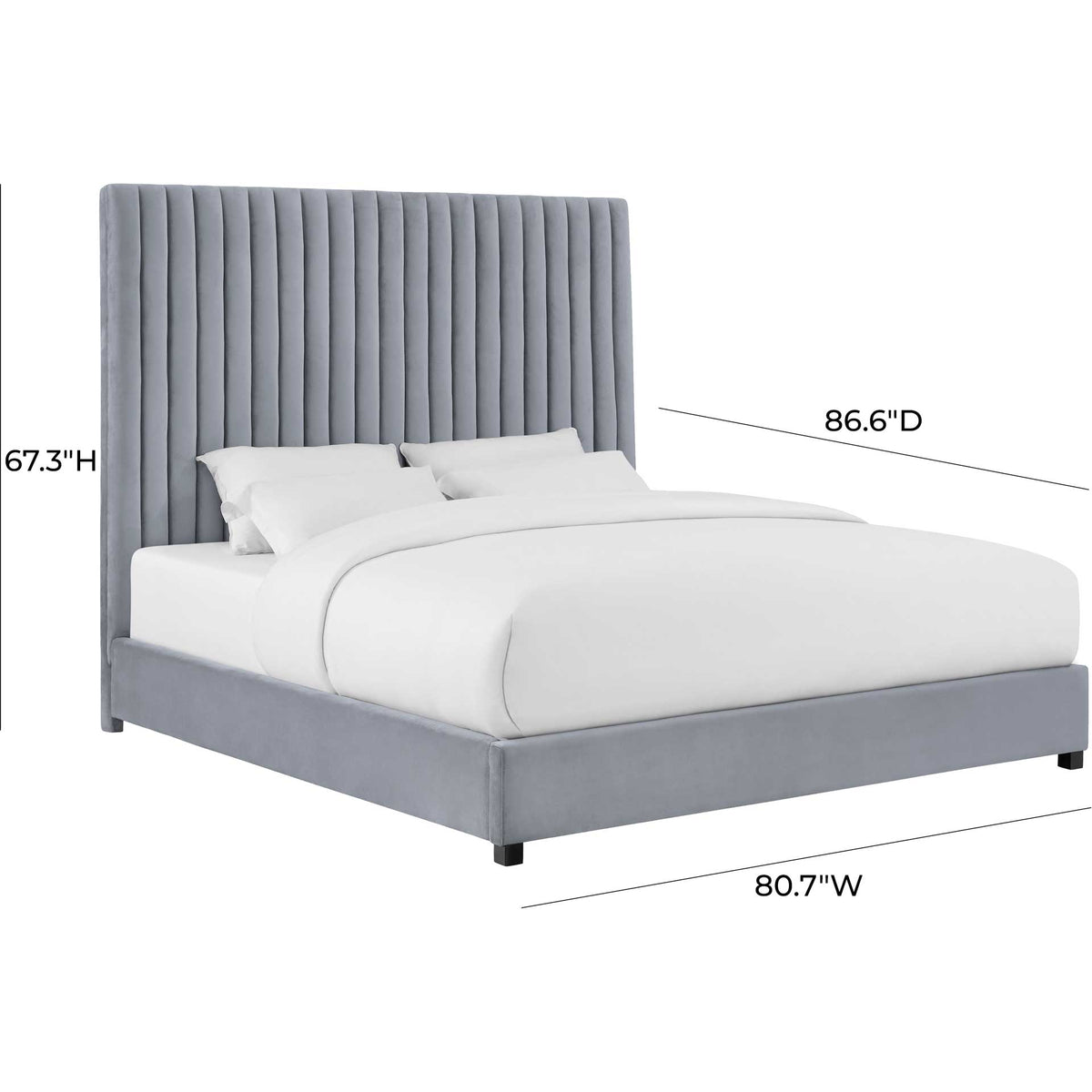 Soft gray velvet wraps a spacious bed frame with clean lines and an impressive channel-tufted headboard