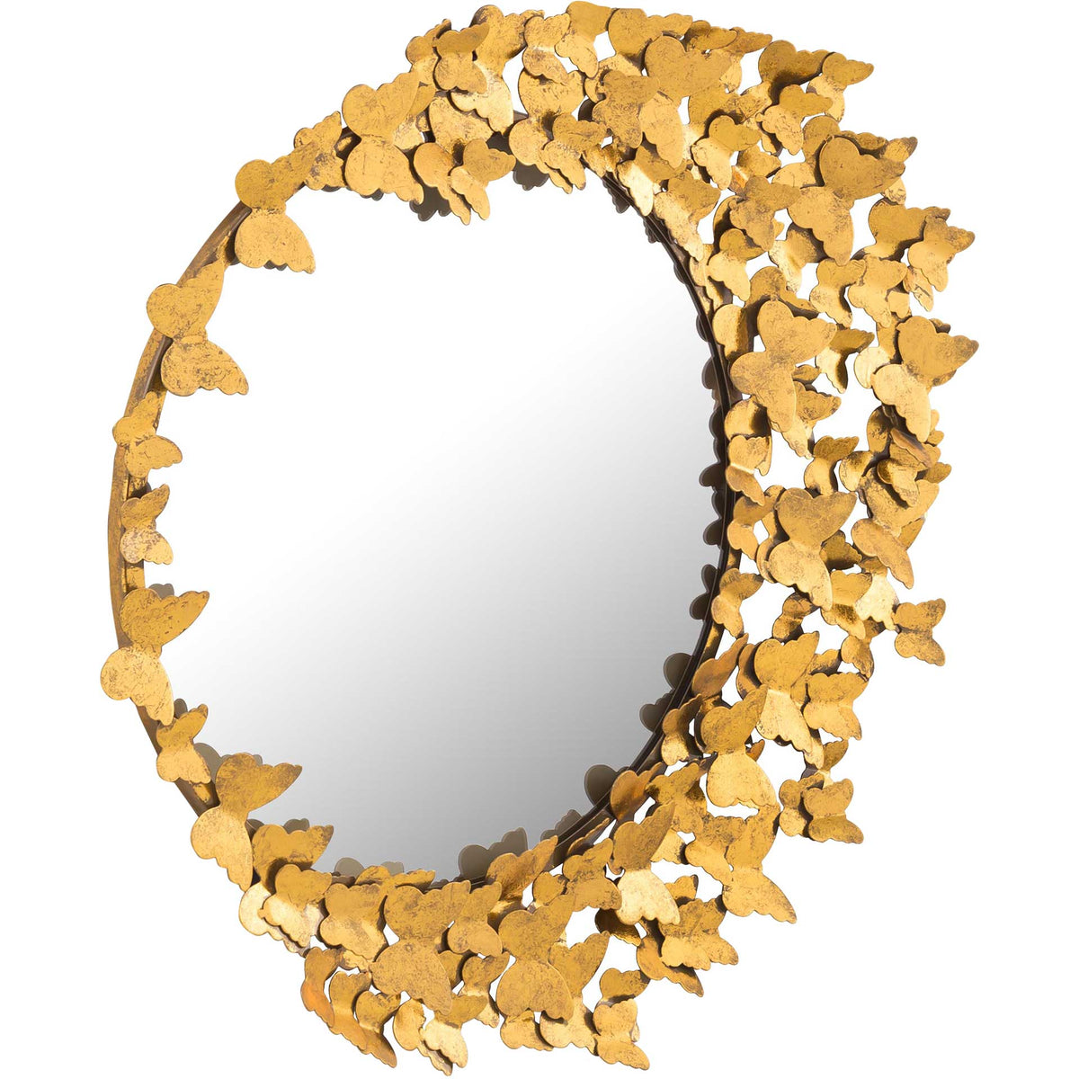 Layered gold butterflies create sculptural depth around a bright circular mirror