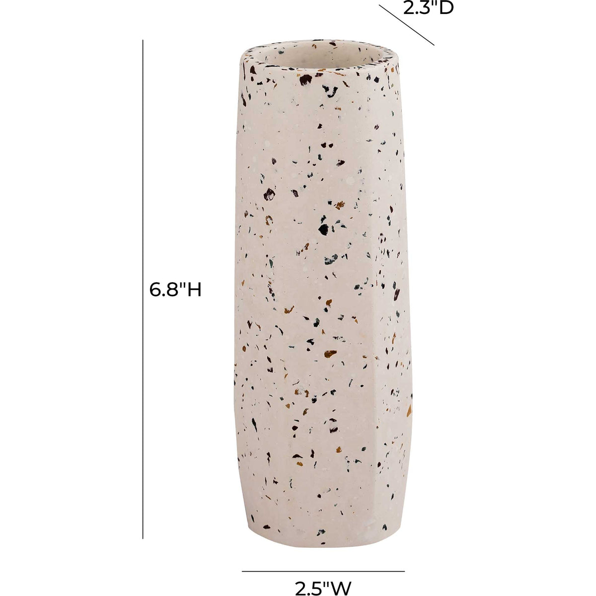 Compact speckled concrete vase measures 6.8 inches high, 2.5 inches wide, and 2.3 inches deep