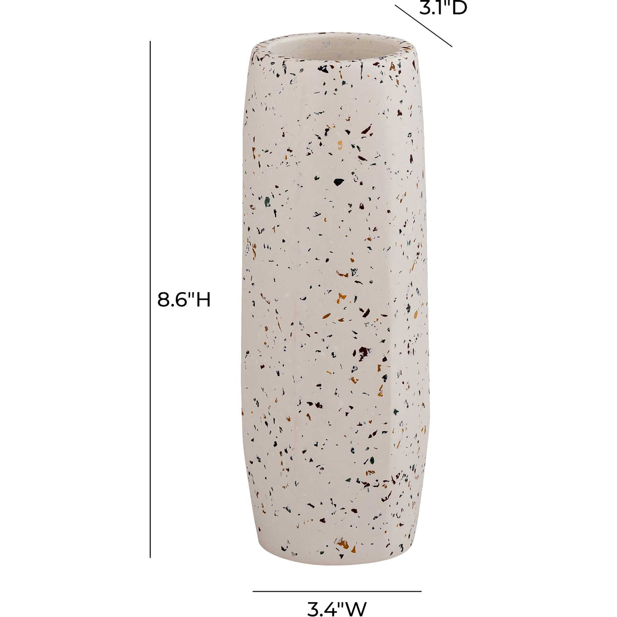 Slender white terrazzo vase measures 8.6 inches high, 3.4 inches wide, and 3.1 inches deep