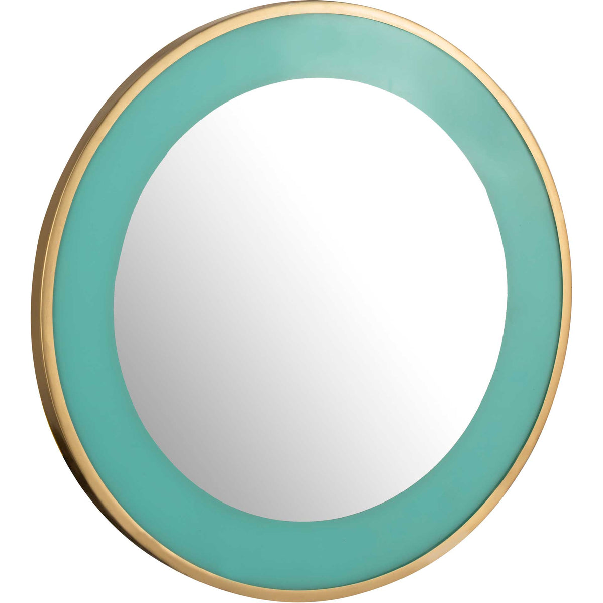 A broad turquoise border brings a bold splash of color to this classic round mirror