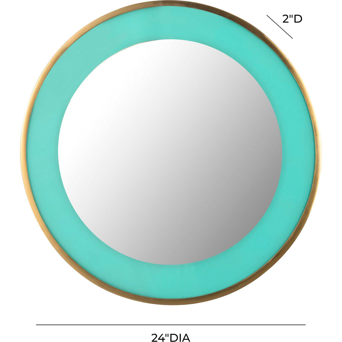 A 24-inch round mirror pairs a bold turquoise frame with a slim 2-inch depth