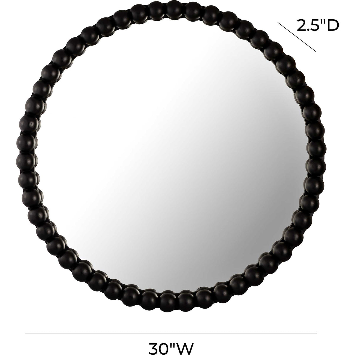 This 30-inch round mirror features a black beaded frame and a 2.5-inch depth.