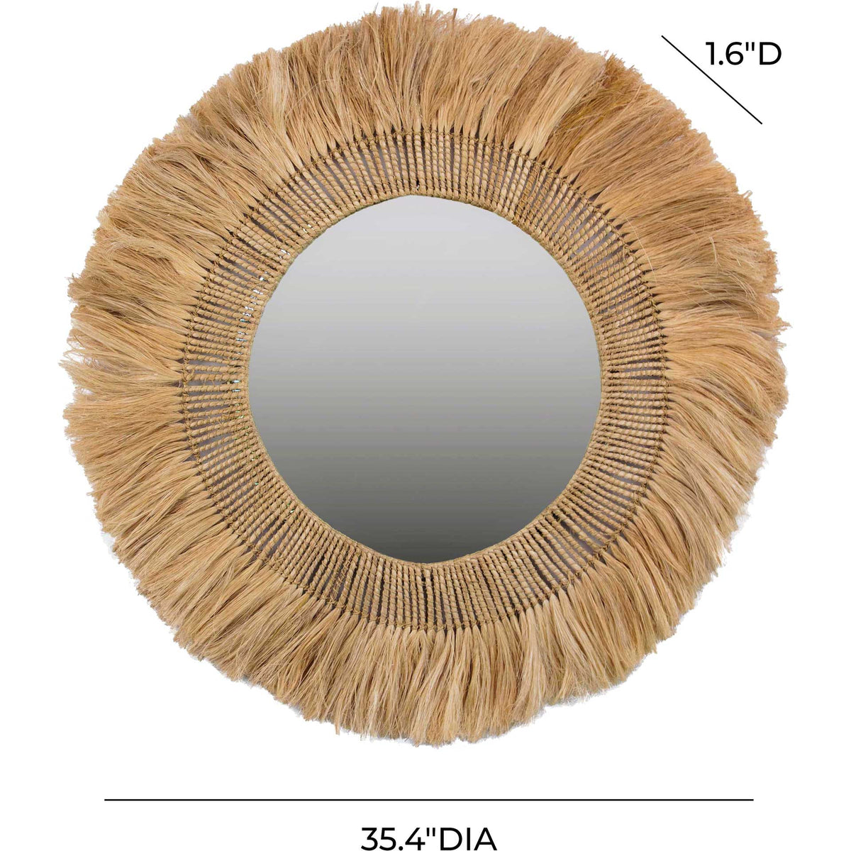 A 35.4-inch round mirror pairs a fringed abaca frame with a slim 1.6-inch profile