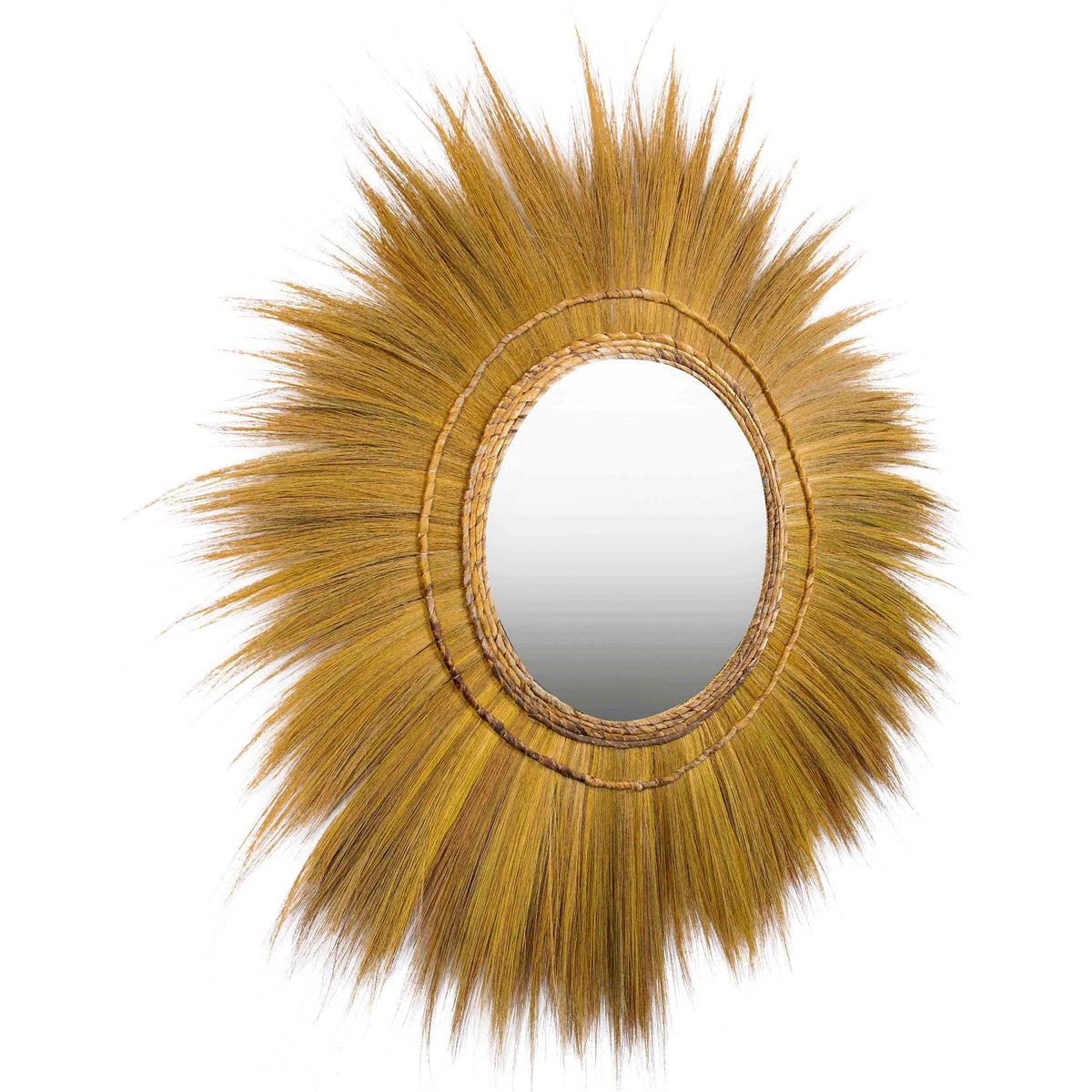 A woven inner border and radiating grass fringe give this round mirror a relaxed boho feel