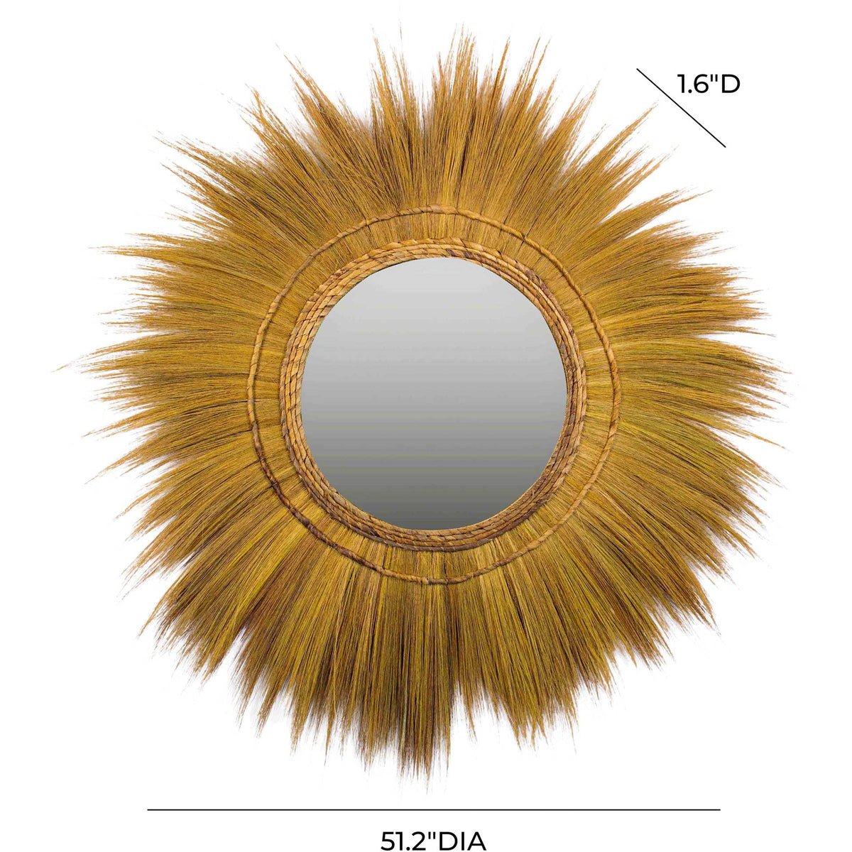 Sunburst mirror spans 51.2 inches with natural grass fringe and a slim 1.6-inch profile