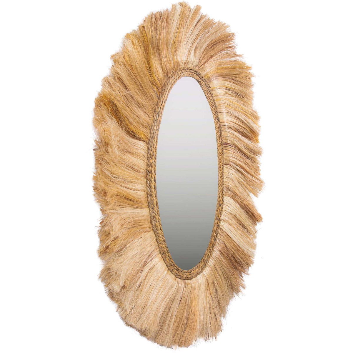Handcrafted fibers fan outward around oval glass, creating a warm, sunburst-inspired accent.