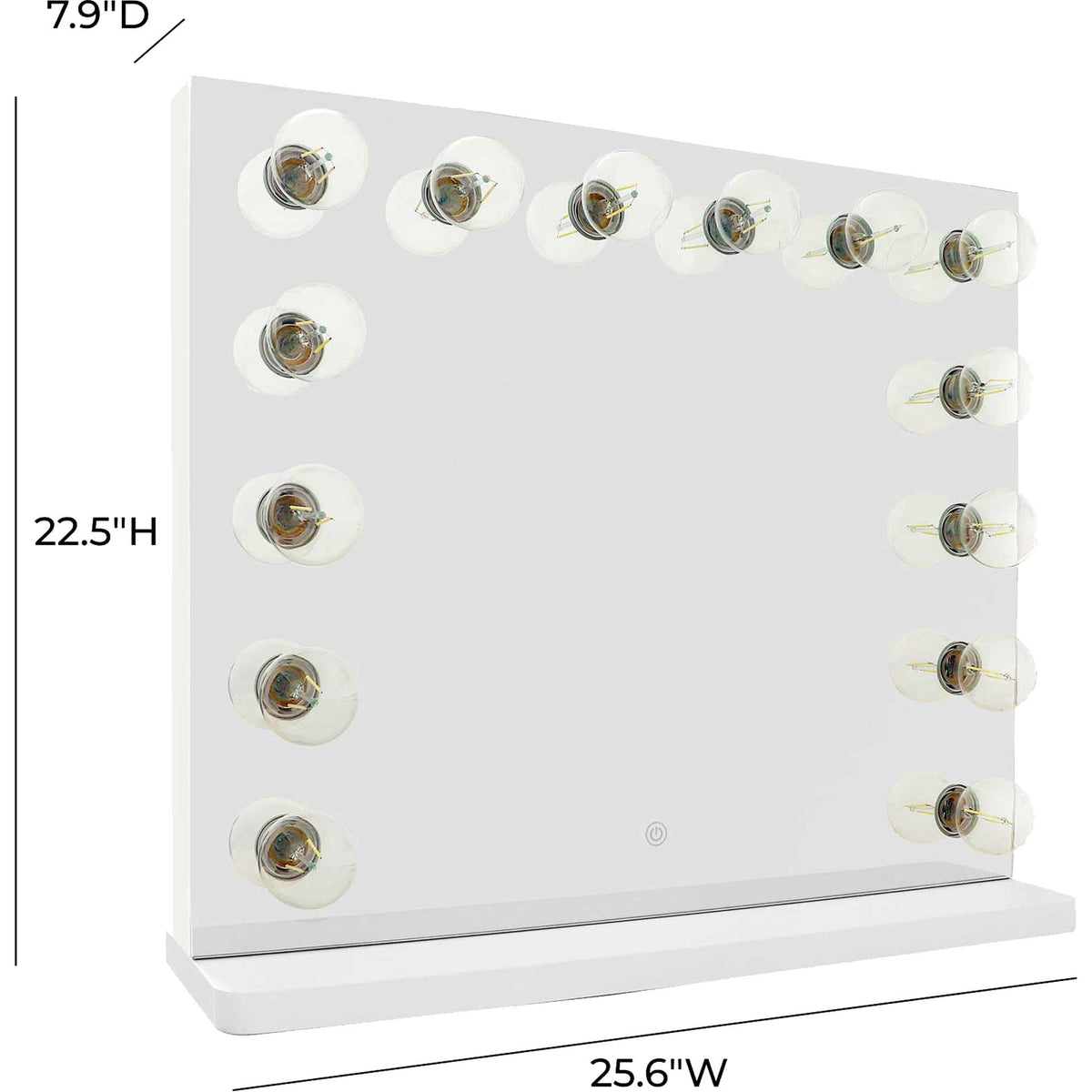 A spacious vanity mirror measures 25.6 inches wide, 7.9 inches deep, and 22.5 inches high