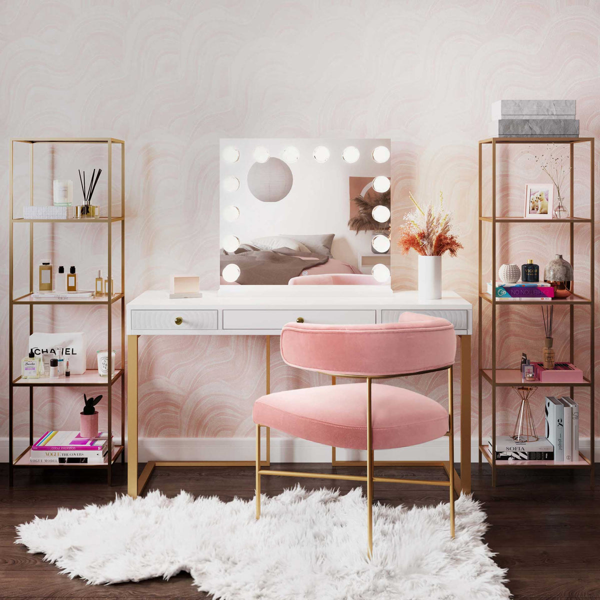 A luminous silver vanity mirror adds dressing-room glamour to a chic makeup station