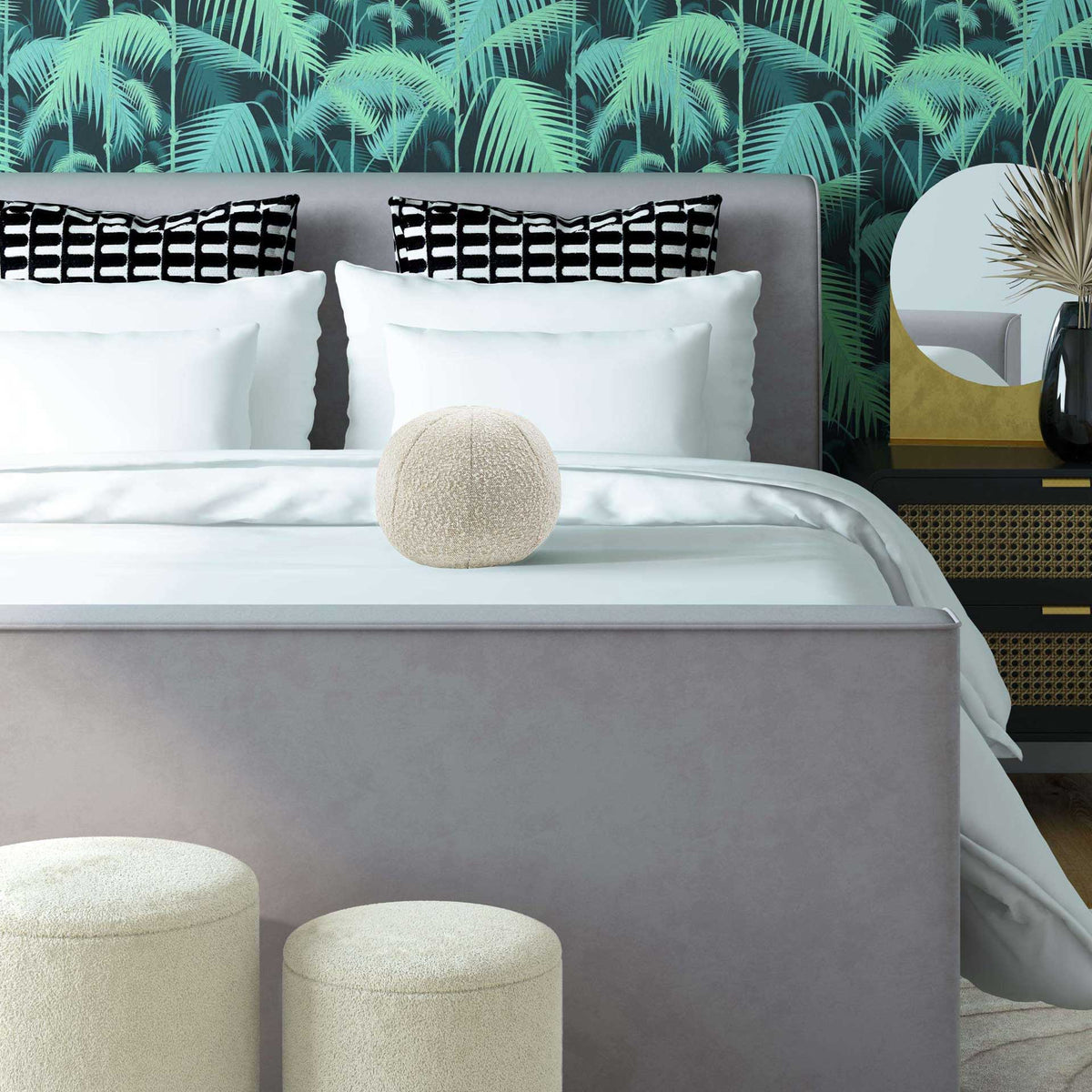 Beige boucle and a playful round shape add a cozy finishing touch to crisp white bedding