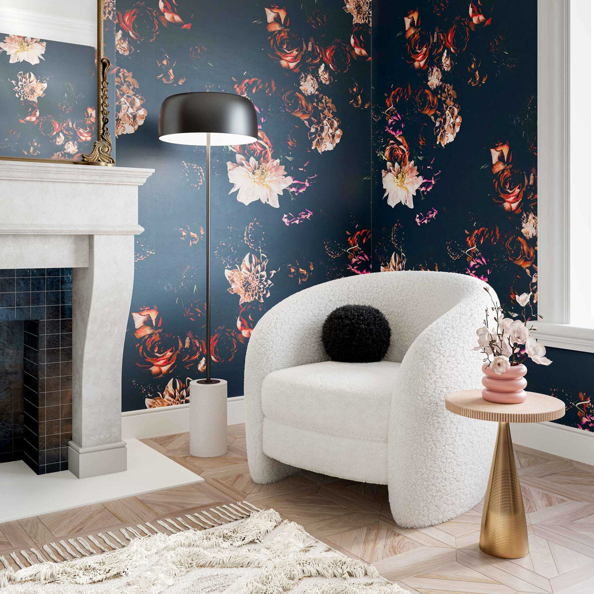 Black sheepskin pillow adds rich contrast and cozy texture to a white accent chair