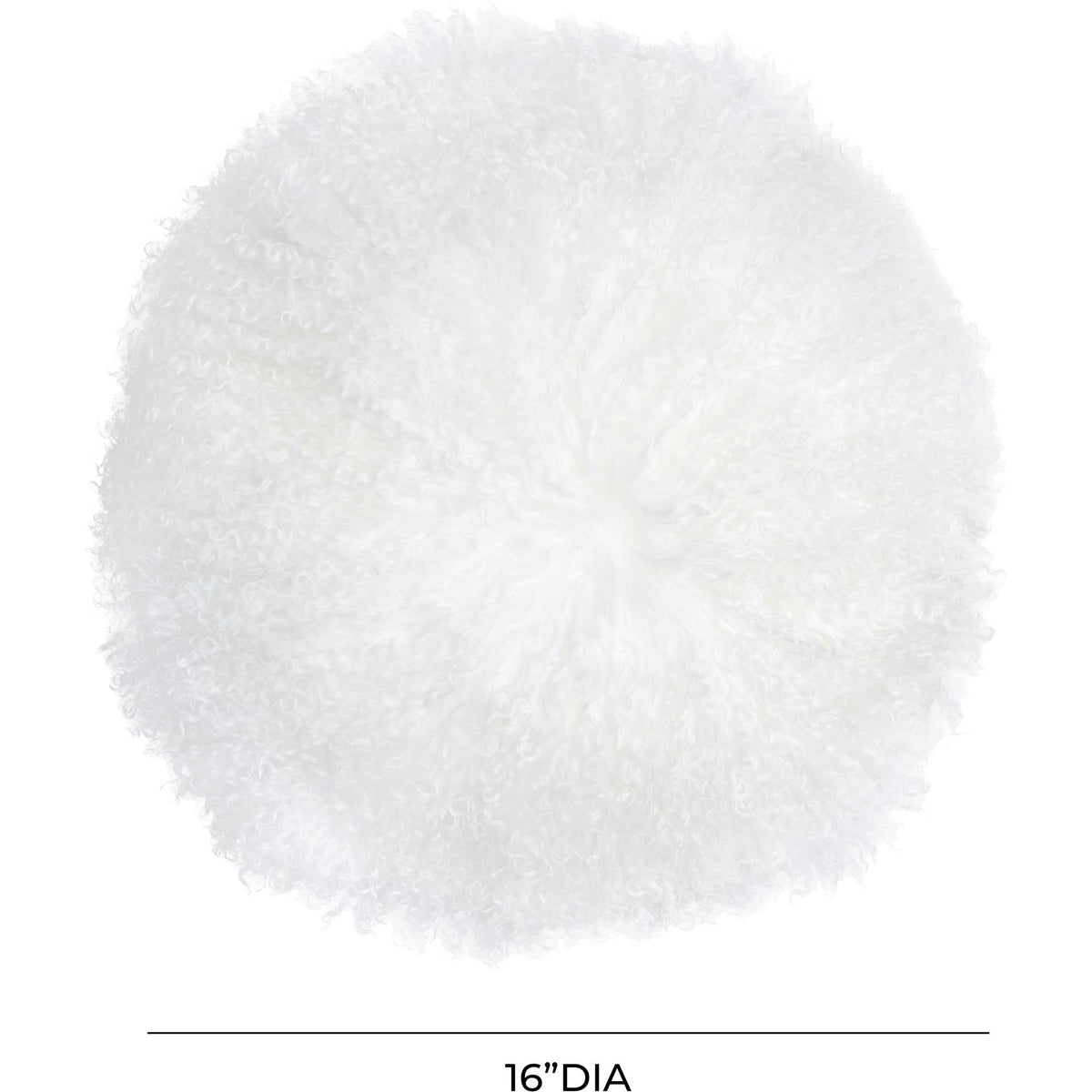 White sheepskin pillow offers plush comfort in a 16-inch round shape