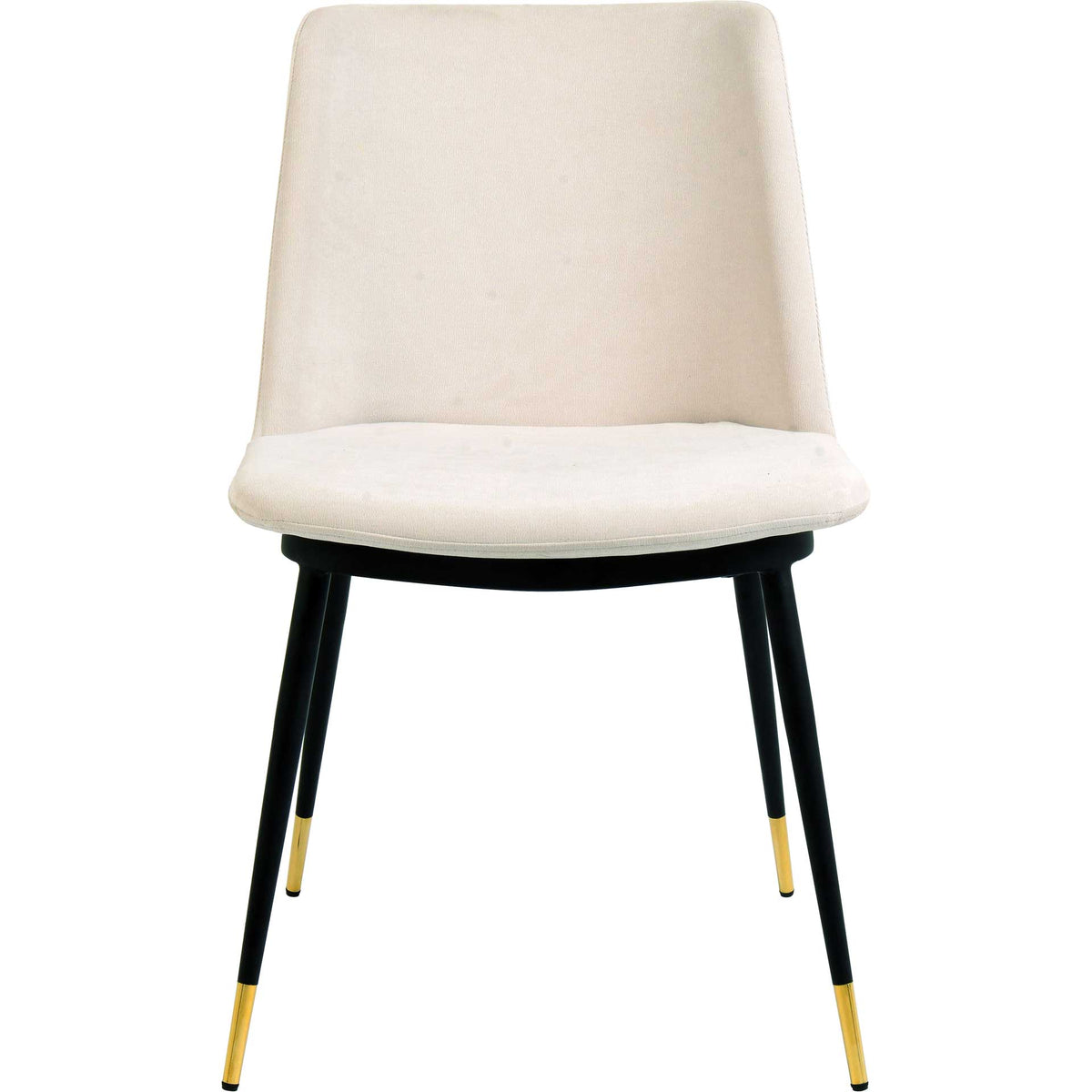 An armless cream velvet dining chair pairs a padded seat with slim black legs and gleaming gold tips. || TOV-D4327 || front_studio