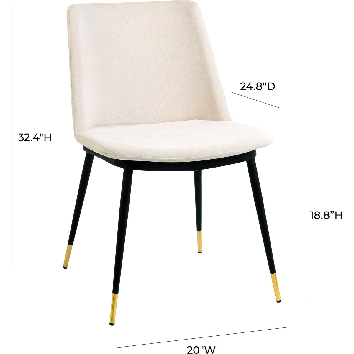 Cream velvet dining chair measures 20 inches wide and 32.4 inches high, with an 18.8-inch seat height.