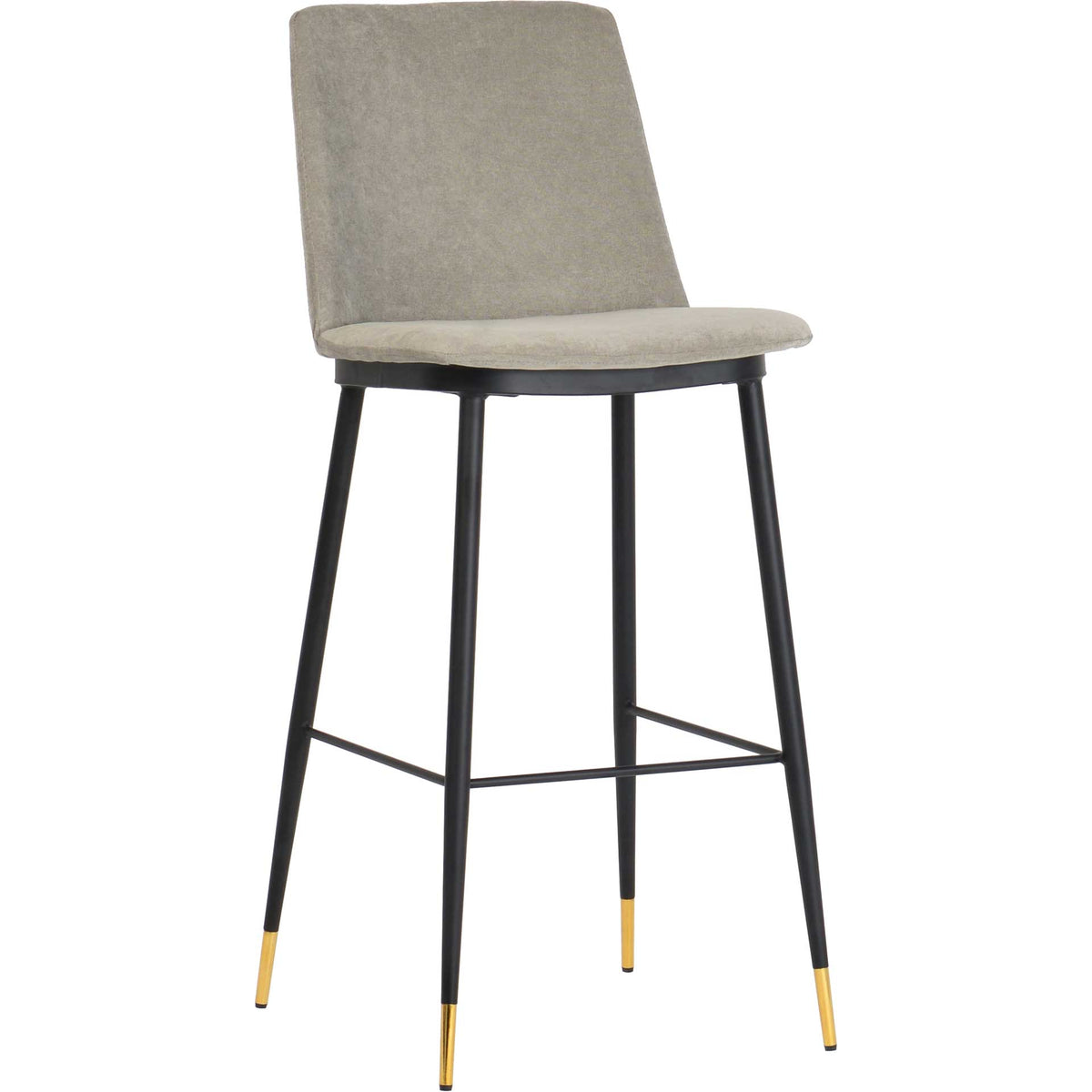 Gray velvet counter stool with a cushioned back, slender black iron legs, and gleaming gold-tone tips. || TOV-D4332 || front_angle_studio