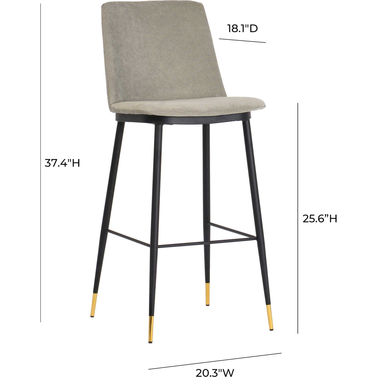 Gray velvet counter stool with a 25.6-inch seat height and a slim 20.3-inch width.