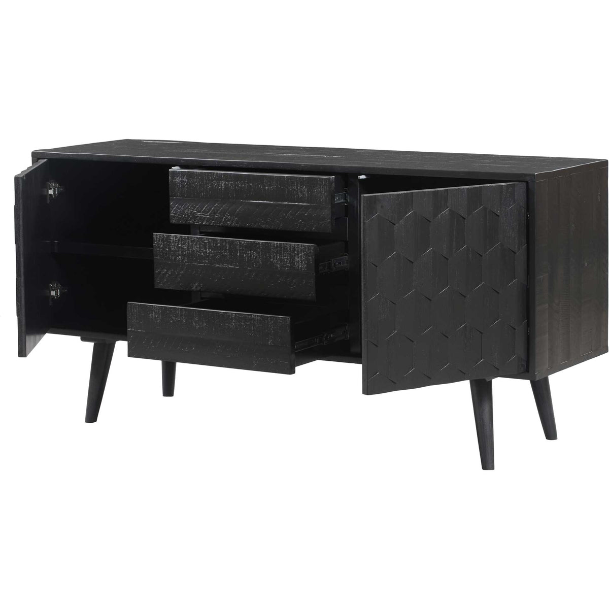 Geometric doors open to shelved cabinets, while three pullout drawers keep dining essentials at hand.