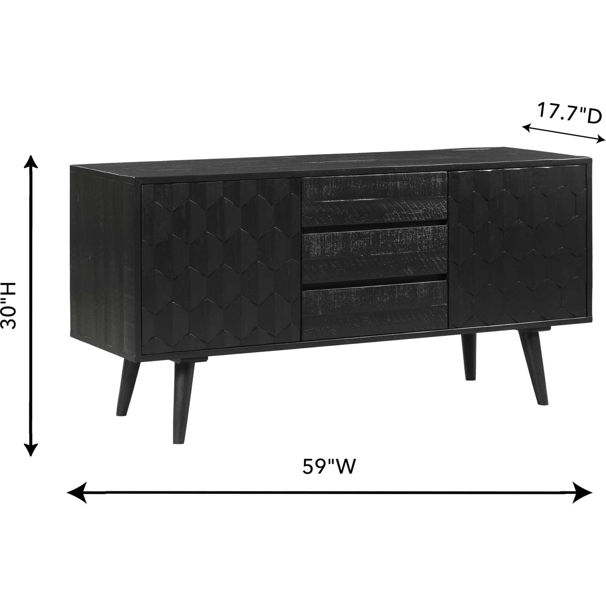 A 59-inch-wide black buffet offers ample storage with a 17.7-inch depth and 30-inch height.