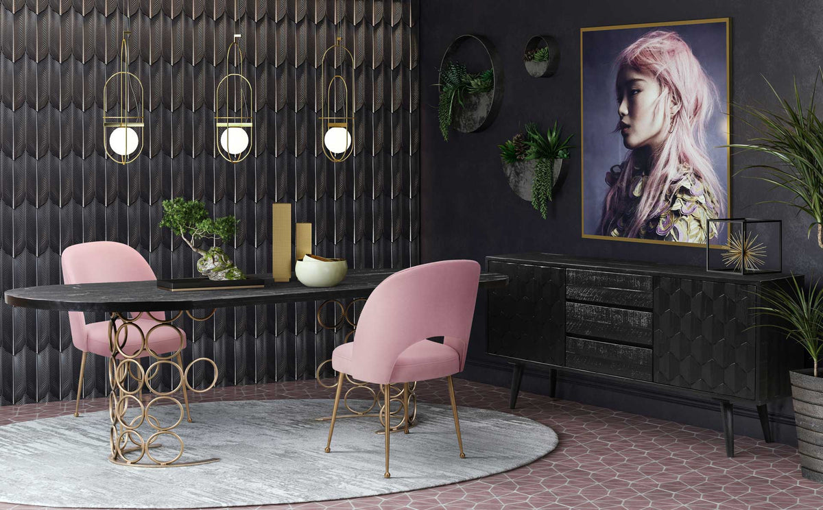 Black geometric doors and three drawers bring statement storage to a contemporary dining room.