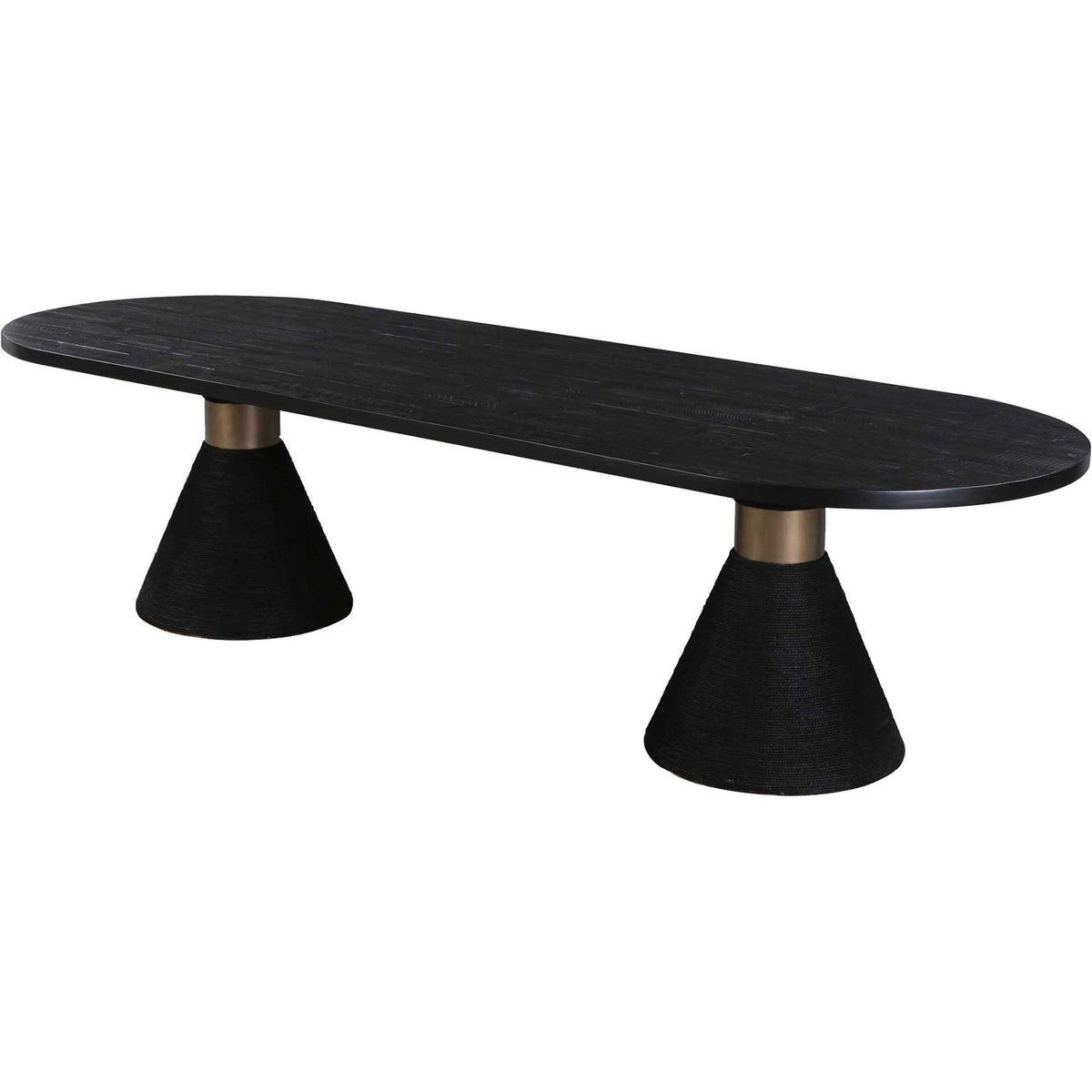 A long black oval top rests on twin rope-wrapped pedestals with warm metallic collars || TOV-D44047 || front_angle_studio